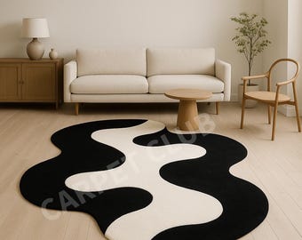 Black and White Abstract Rug | Modern Wavy Hand-Tufted Carpet