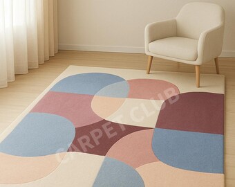 Geometric Abstract Wool Rug | Hand-Tufted | Modern Pastel Carpet | Soft & Durable | Custom Size Decor