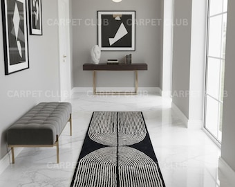 Hand Tufted Wool Runner Rug: Modern Black and White Geometric Design