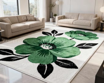 Hand-Tufted Wool Botanical Floral Rug, Modern Statement Carpet, Custom Size Living Room Home Decor