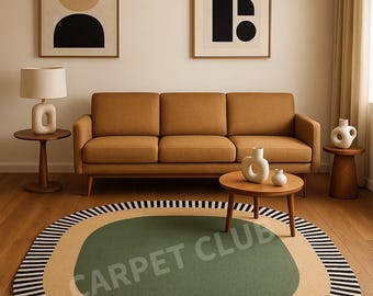 Hand-Tufted Oval Rug | Scandinavian Green & Beige Striped Carpet