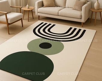 Nowoczesny zielony geometryczny dywan wełniany – ręcznie tuftowany, minimalistyczny design