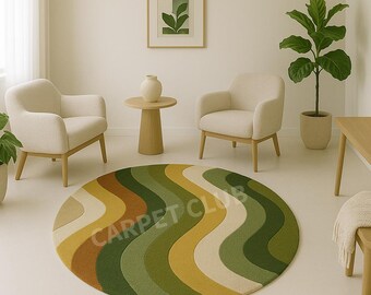 Modern Wavy Round Rug – Green, Mustard & Earth Tones