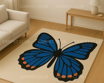 Hand-Tufted Wool Rug | Blue Butterfly Design, Modern Kids Decor