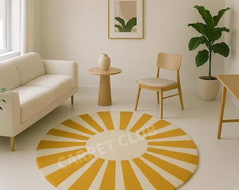 Sunburst Round Rug – Yellow & Cream Tufted Modern Carpet