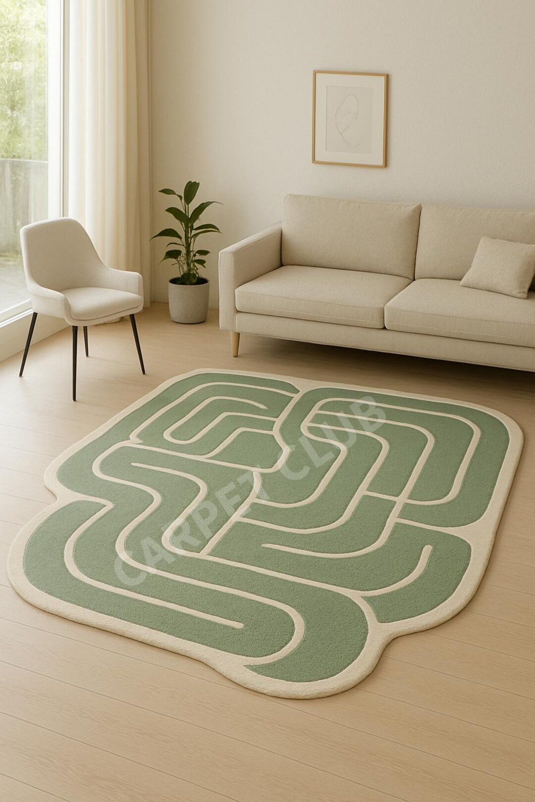 Green Abstract Line Wool Rug – Hand-tufted Modern Minimalist Carpet ...