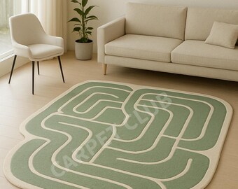Green Abstract Line Wool Rug – Hand-Tufted Modern Minimalist Carpet | Soft, Durable & Custom Size Decor