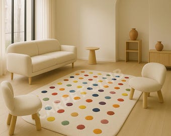Rainbow Dots Wool Rug – Modern Playful Minimalist Carpet for Living Room & Kids Room