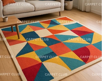 Mid-Century Wool Rug | Hand-Tufted Geometric Color Block Carpet