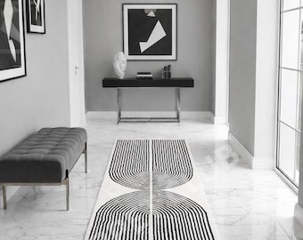 Hand Tufted Wool Runner Rug: Modern Black and White Geometric Design