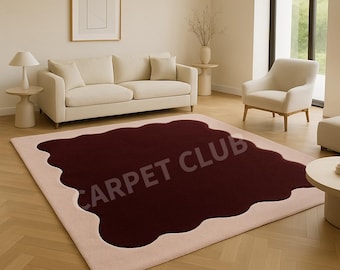 Modern Abstract Blob Wool Rug – Burgundy & Blush Sculpted Art Rug for Minimalist Interiors