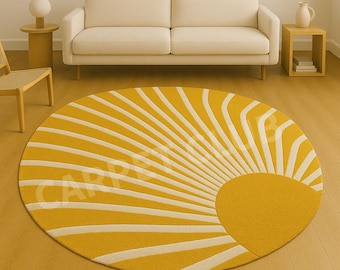 Yellow Sunburst Round Rug | Hand-Tufted Wool, Modern Geometric