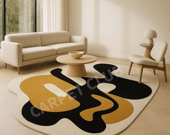 Abstract Organic Hand-Tufted Rug | Black, Mustard, Wavy Art