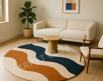 Alfombra redonda con ondas modernas: alfombra circular abstracta en azul marino, óxido y crema
