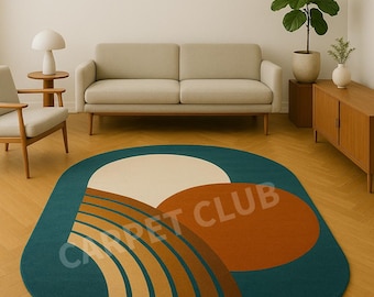 Teal and Orange Abstract Rug | Hand-Tufted Geometric Living Room Carpet