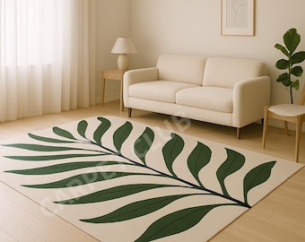 Alfombra moderna con mechones de hojas botánicas en tonos verde crema