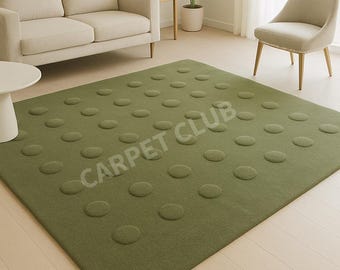Modern Olive Green Wool Rug – Minimalist Chic with Sculpted Dot Texture