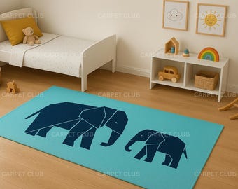 Hand Tufted Elephant Rug for Kids - Modern Wool Nursery Carpet