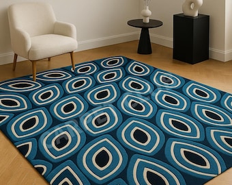 Alfombra geométrica retro hecha a mano / Alfombra azul verdoso de mediados de siglo