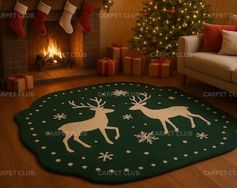 Hand Tufted Christmas Reindeer Wool Rug - Festive Holiday Carpet for Living Room