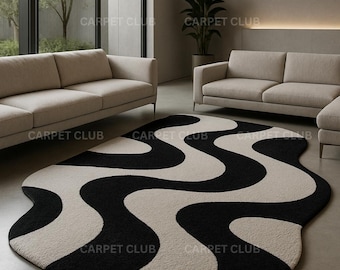 Hand Tufted Abstract Wave Rug | Black Cream Organic Shape Carpet, Living Room Area Rug