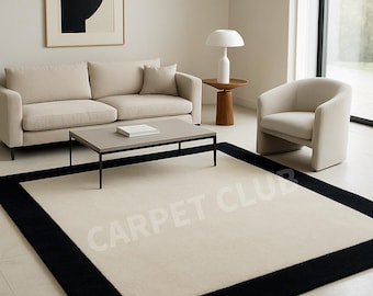 Modern Black Border Wool Rug – Minimalist Luxury Cream Area Rug for Contemporary Interiors