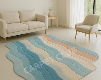 Modern Wave Pattern Wool Rug – Sculpted Coastal Abstract Design for Contemporary Interiors