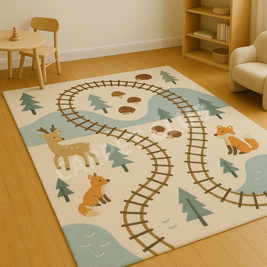 Woodland Kids Play Rug | Forest Animals, Train Track Nursery Carpet - Etsy