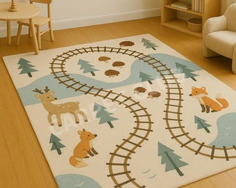 Woodland Kids Play Rug | Forest Animals, Train Track Nursery Carpet