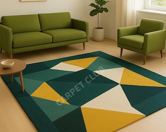 Geometric Triangle Wool Rug – Hand-Tufted | Modern Green, Gold & Ivory | Soft, Durable and Custom Made