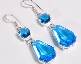 Blue Topaz Gemstone Earrings – Dangle Earrings, Boho Statement Jewelry, Unique Gift for Her, Handmade Drop Earrings, Earring For Women"
