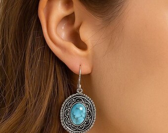Pendientes colgantes bohemios de turquesa occidental / Joyas vintage de plata ovaladas con estilo suroeste / Pendientes colgantes bohemios de howlita para mujer