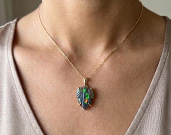 Black Opal Leaf Pendant Necklace, Natural Ethiopian Opal Pendant, Carved Leaf Gemstone Necklace, Statement Pendant, Sterling Silver Pendant
