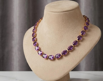 Natural Amethyst Tennis Necklace, Faceted Oval Amethyst Necklace, Statement Necklace For Women,  925 Sterling Solid Silver Necklace
