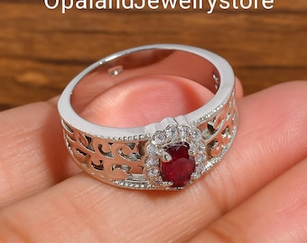 Robijnrode verlovingsring zilver • Vintage filigraanring rode edelsteen • Sierlijke geboortesteen juli-ring voor vrouwen • Beloftering cadeau"
