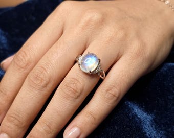 Natural Rainbow Moonstone Ring, Oval Cabochon Ring, Women Gemstone Ring, 925 Sterling Silver Ring, Handmade Statement Ring