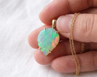 Natural Opal Leaf Pendant Necklace, Carved Leaf Opal Necklace, Handmade Statement Pendant, 925 Sterling Silver Pendant, Minimalist Jewelry
