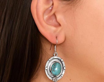 Pendientes colgantes bohemios de turquesa occidental / Joyas vintage de plata ovaladas con estilo suroeste / Pendientes colgantes bohemios para mujer