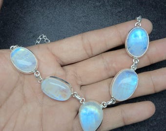 Natural Rainbow Moonstone Necklace, Blue Flash Moonstone Necklace, Handmade Statement Necklace, 925 Sterling Silver Necklace