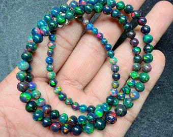 Ethiopian Welo Opal Ball Bead Strands - Natural Black Fire Opal Plain Ball Strand - Rainbow Fire Opal Gemstone Strands, Opal For Necklace