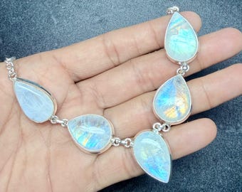 Women Silver Necklace, Natural Rainbow Moonstone Necklace, Handmade Statement Necklace, 925 Sterling Silver Jewelry, Boho Necklace