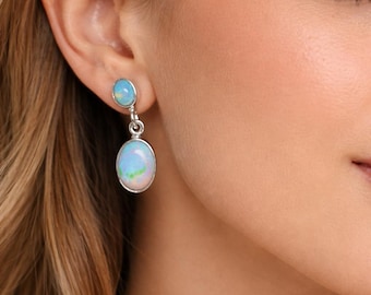 Ethiopian Opal Dangle Earrings, Oval Opal Drop Earrings, Fire Opal Silver Earrings, October Birthstone Jewelry, Minimalist Opal Earrings