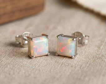 Natural White Ethiopian Opal Stud Earrings, 925 Sterling Silver Earrings, Square Shape Opal Earrings,Welo Fire Opal Stud,Minimalist Jewelry