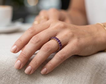 Natural Amethyst Eternity Ring, Oval Amethyst Wedding Ring, 925 Sterling Silver Ring, Purple Gemstone Band Ring, Women Stackable Ring