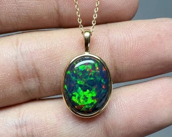 Natural Black Opal Pendant Necklace, Oval Cabochon Fire Opal Pendant, Dainty Opal Charm Pendant, 925 Sterling Silver Jewelry