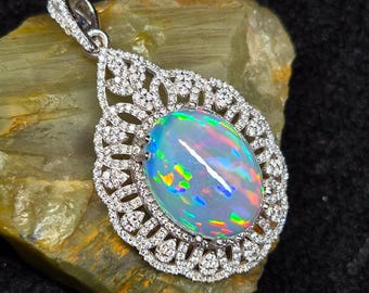 Natural Ethiopian Fire Opal Pendant, 925 Sterling Silver Opal Necklace, Vintage Style Unique Pendant, Halo Oval Gemstone Pendant