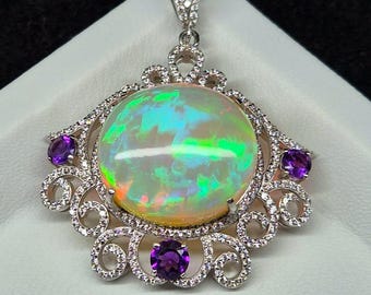Natural Ethiopian Opal Pendant, Vintage Style Sterling Silver Fire Opal Necklace, Handmade Statement Pendant Necklace, Gift For Her