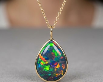 Natural Ethiopian Opal Pendant, Teardrop Black Opal Pendant, Pear Cut Fire Opal Jewelry, Dainty Opal Silver Pendant, Women Gemstone Pendant