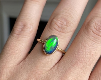 Natural Ethiopian Opal Ring, Oval Green Fire Opal Engagement Ring, Dainty Promise Ring, 925 Sterling Silver Ring, Honeycomb Opal Ring