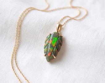 Natural Black Opal Leaf Pendant Necklace, Welo Fire Opal Jewelry, 925 Sterling Silver Pendant,Carved Leaf Gemstone Pendant,Statement Pendant